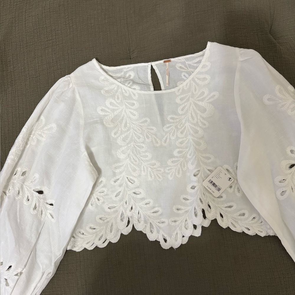 Free People Cream Embellished Crop Blouse 3/4 Sleeve